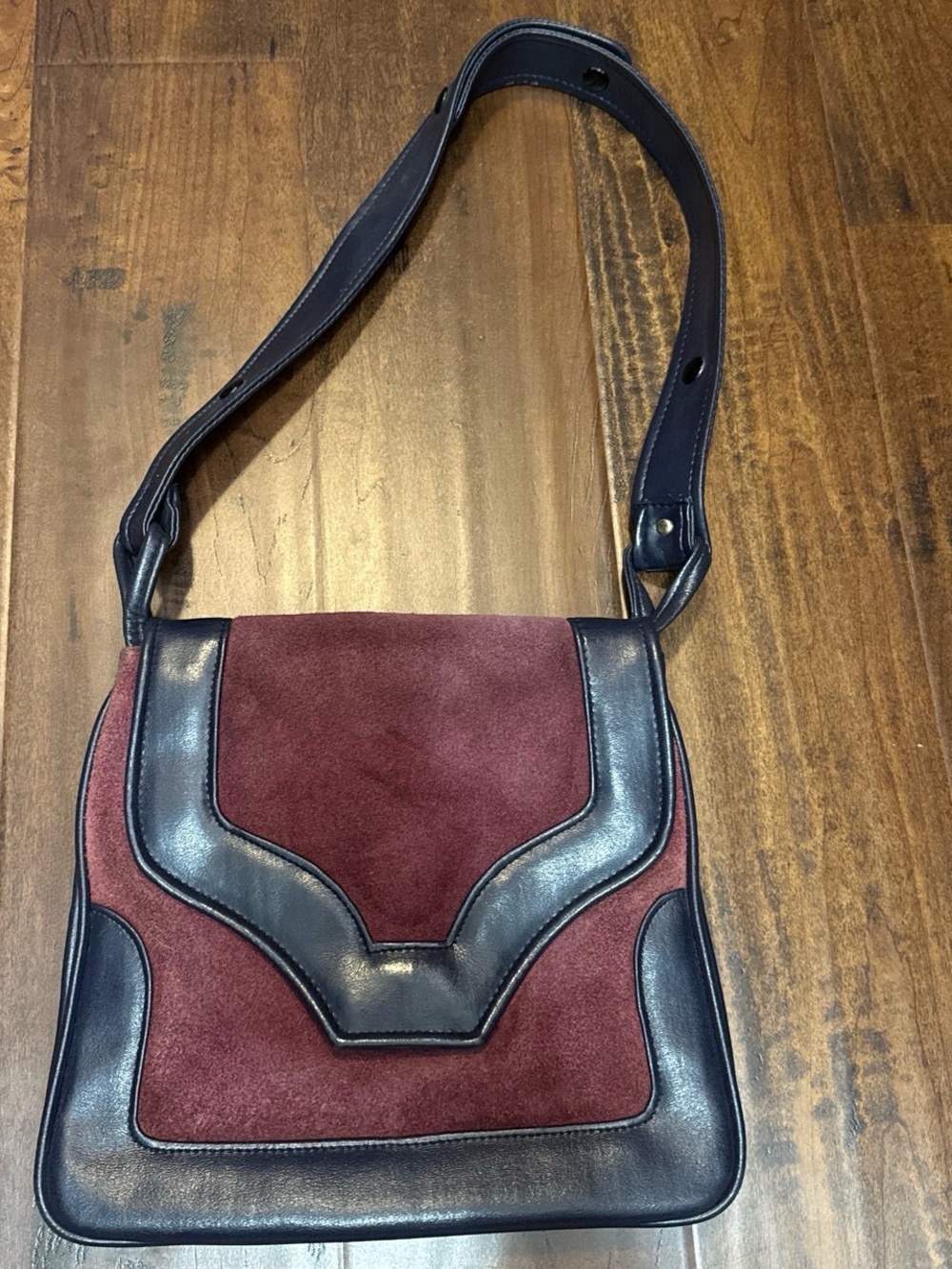 Structured Burgundy Suede and Navy Leather Shoulder Bag